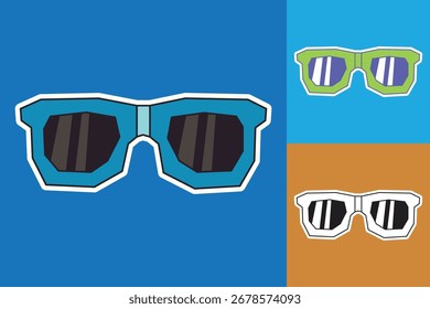 Etiqueta engomada de las gafas de sol hecha en el recorte y el diseño plano y el arte de la línea oscura en estilo de tres colores
