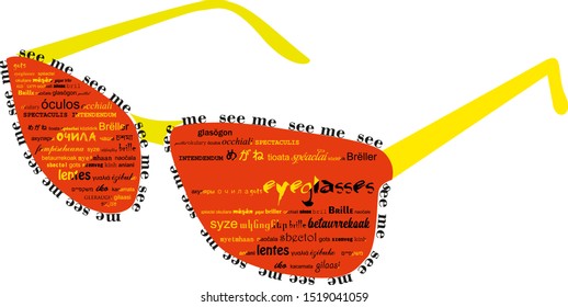 Sunglasses stylized with text in different languages