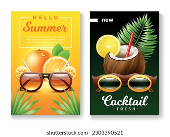 Sunglasses summer banners. Realistic glasses in funny bright frames, tropical fruits, coconut and orange, beach party time. Poster with copy space, 3d isolated elements, utter vector set