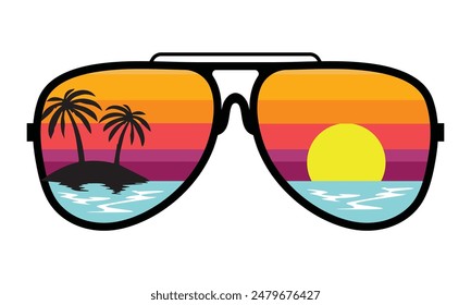 Sunglasses with summer beach view inside, vector design illustration.