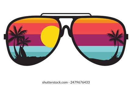 Gafas de sol con vista a la playa de verano en el interior, ilustración de diseño de Vector.