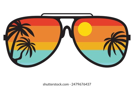 Gafas de sol con vista a la playa de verano en el interior, ilustración de diseño de Vector.