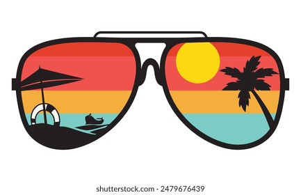 Sonnenbrille mit Sommerstrandblick innen, Vektorgrafik Design Illustration.