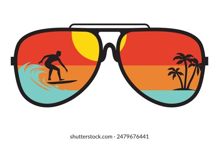 Sonnenbrille mit Sommerstrandblick innen, Vektorgrafik Design Illustration.