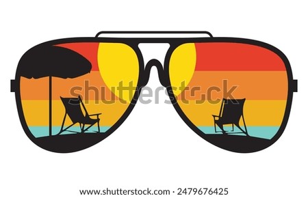 Sunglasses with summer beach view inside, vector design illustration.
