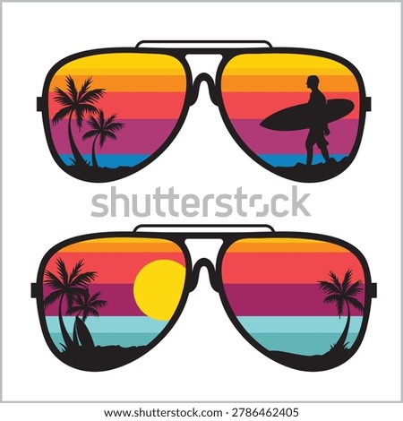 Sunglasses with summer beach view inside, vector design illustration.