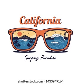 Sunglasses with summer ocean sea beach surfing paradise view wave palm sunset mountain. California Vintage fashion trendy illustration surfing vacation style clothes print design. t shirt sticker badge.