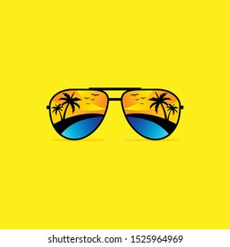 Sunglasses summer with palm beach sunrise. Vector illustration