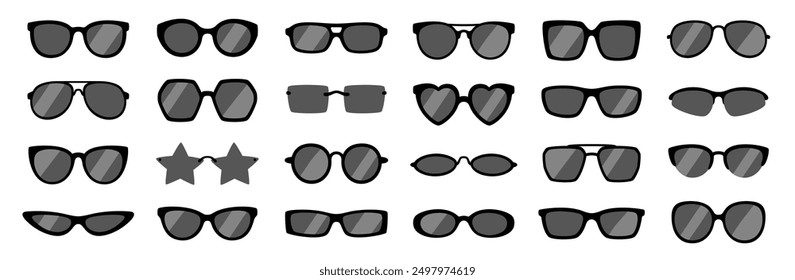 Gafas de sol. Icono de gafas de sombreado de verano, ojos de protección solar. Marco de forma de metal y plástico negro. Accesorio de mujer y hombre de moda. Gafas de silueta. Conjunto de Vector.