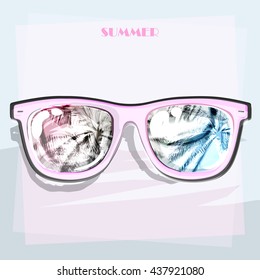 Sunglasses, summer themed poster. Reflections on flares, pink sunglasses, palms. Summer flyer / card. Vector illustration. Vintage, 70s-80s style.