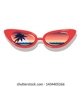 Sunglasses with sunset and palm tree reflection. Vector cartoon summer concept illustration isolated on white background.