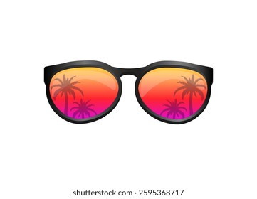 Sunglasses with sunset reflection in lenses, showing palm trees, evoke a warm, tropical feel.