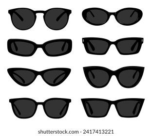 Ilustración de moda técnica de gafas de sol. plantilla vectorial de gafas de sol. silueta, vista frontal, unisex, color negro, conjunto de maquillaje CAD.