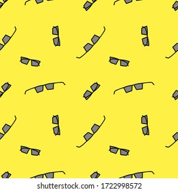 Sunglasses template. Vector glasses accessories seamless pattern. Black sunglasses on a yellow background. Great for themed fabrics, glasses, Wallpaper, packaging. Fashionable summer accessory