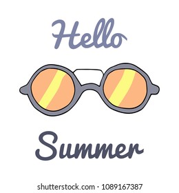 Sunglasses and text Hello Summer on white background.