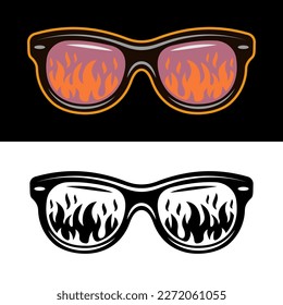 Sunglasses that reflect flame vector illustration in two styles black on white and colorful on dark background