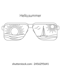 Sunglasses that reflect the sun, sea, sailboat and seagulls. Vector mono linear  minimalistic illustration. Outline design isolated on white background.