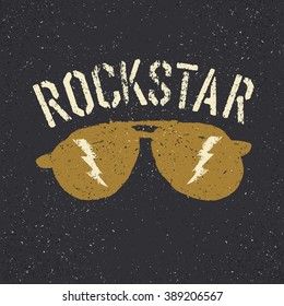 Sunglasses with thunderbolt. Rockstar tee print design template