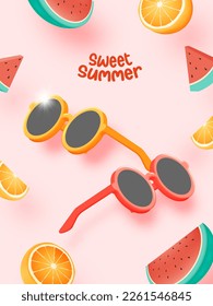 Sunglasses and Tropical fruits in cute 3d art style and pastel color scheme background vector illustration