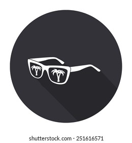 sunglasses with tropical island icon with long shadow - vector round button