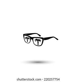 sunglasses with tropical island reflection icon - black vector illustration
