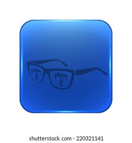 sunglasses with tropical island reflection icon - glossy blue button