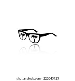 sunglasses with tropical island reflection icon - black vector illustration with reflection