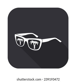 sunglasses with tropical island reflection icon - vector illustration with long shadow isolated on gray