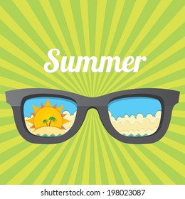 sunglasses with tropical island reflection on green summer rays background. vector summer background