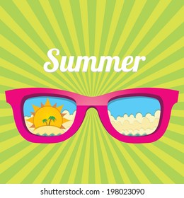 sunglasses with tropical island reflection on green summer rays background. vector summer background