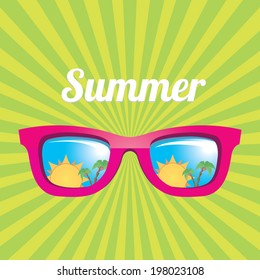 sunglasses with tropical island reflection on green summer rays background. vector summer background