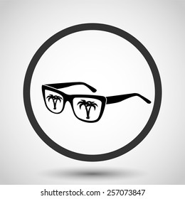 Sunglasses with tropical island reflection vector icon - black illustration