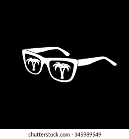 sunglasses with tropical island reflection vector icon isolated on black