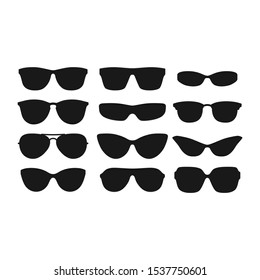 Sunglasses various black vector silhouette set. Sun glasses random retro style set.