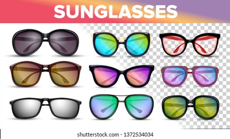 Sunglasses Various Styles And Types 3D Vector Set. Stylish Sunglasses With Color Lens Isolated Cliparts On Transparent Background. Fashionable Sun Protection Summer Accessories Realistic Illustration