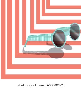 Sunglasses vector. Blue sunglasses on striped background, vector illustration in flat style.