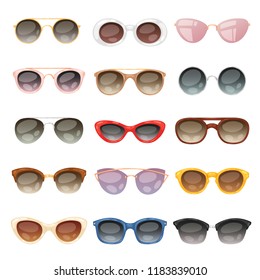 Sunglasses vector cartoon eyeglasses or sun glasses in stylish shapes for party and fashion optical spectacles set of eyesight view accessories illustration isolated on white background