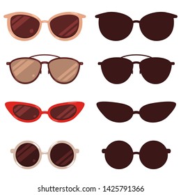 Sunglasses vector cartoon and silhouette set isolated on white background.