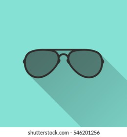 Sunglasses vector icon. Black illustration isolated on green background for graphic and web design.