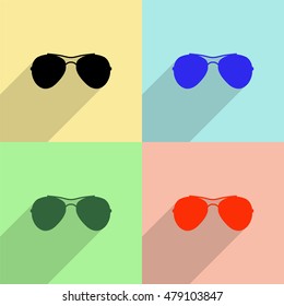 Sunglasses vector icon - colored set with  long shadow