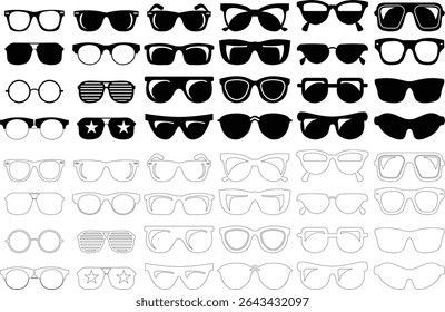 Sunglasses vector icon set for fashion accessory design summer eyewear style and sun protection Men and women glasses. hipster frame, fashion black plastic rims. Trendy Optics, modern shade graphic