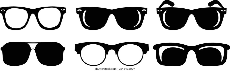 Sunglasses vector icon set for fashion accessory design summer eyewear style and sun protection Men and women glasses. hipster frame, fashion black plastic rims. Trendy Optics, modern shade graphic