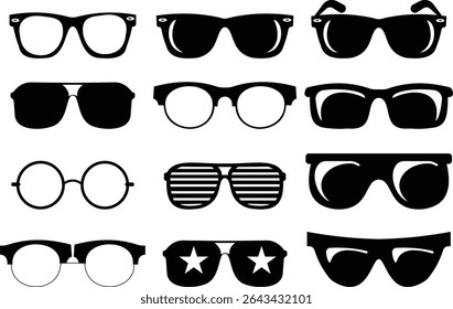 Óculos de sol ícone vetorial definido para moda acessório design de verão óculos estilo e proteção solar Homens e mulheres óculos. quadro hipster, moda aros de plástico preto. Óptica na moda, gráfico de sombra moderno
