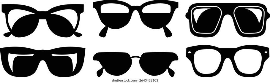 Sunglasses vector icon set for fashion accessory design summer eyewear style and sun protection Men and women glasses. hipster frame, fashion black plastic rims. Trendy Optics, modern shade graphic