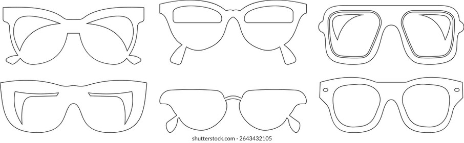 Sunglasses vector icon set for fashion accessory design summer eyewear style and sun protection Men and women glasses. hipster frame, fashion black plastic rims. Trendy Optics, modern shade graphic