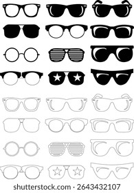 Óculos de sol ícone vetorial definido para moda acessório design de verão óculos estilo e proteção solar Homens e mulheres óculos. quadro hipster, moda aros de plástico preto. Óptica na moda, gráfico de sombra moderno