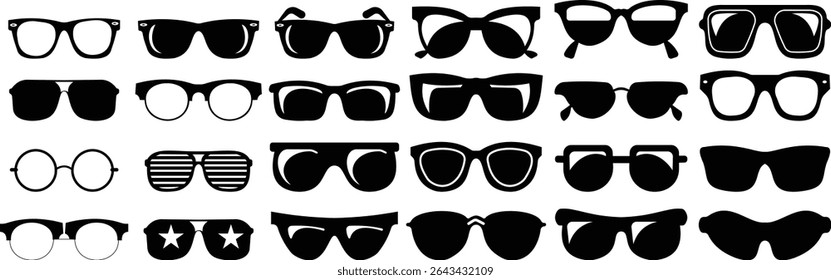 Óculos de sol ícone vetorial definido para moda acessório design de verão óculos estilo e proteção solar Homens e mulheres óculos. quadro hipster, moda aros de plástico preto. Óptica na moda, gráfico de sombra moderno