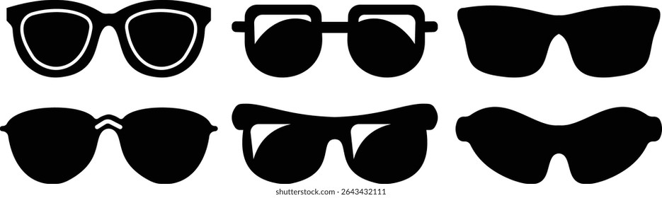 Sunglasses vector icon set for fashion accessory design summer eyewear style and sun protection Men and women glasses. hipster frame, fashion black plastic rims. Trendy Optics, modern shade graphic