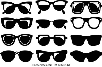 Óculos de sol ícone vetorial definido para moda acessório design de verão óculos estilo e proteção solar Homens e mulheres óculos. quadro hipster, moda aros de plástico preto. Óptica na moda, gráfico de sombra moderno