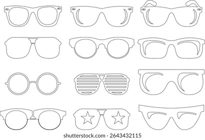 Óculos de sol ícone vetorial definido para moda acessório design de verão óculos estilo e proteção solar Homens e mulheres óculos. quadro hipster, moda aros de plástico preto. Óptica na moda, gráfico de sombra moderno